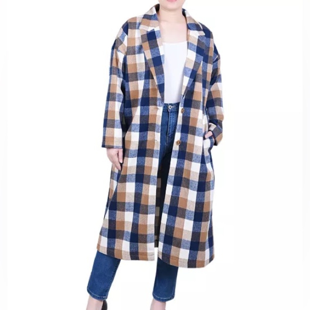 NY Collection Navy, Camel & White Plaid Coat
